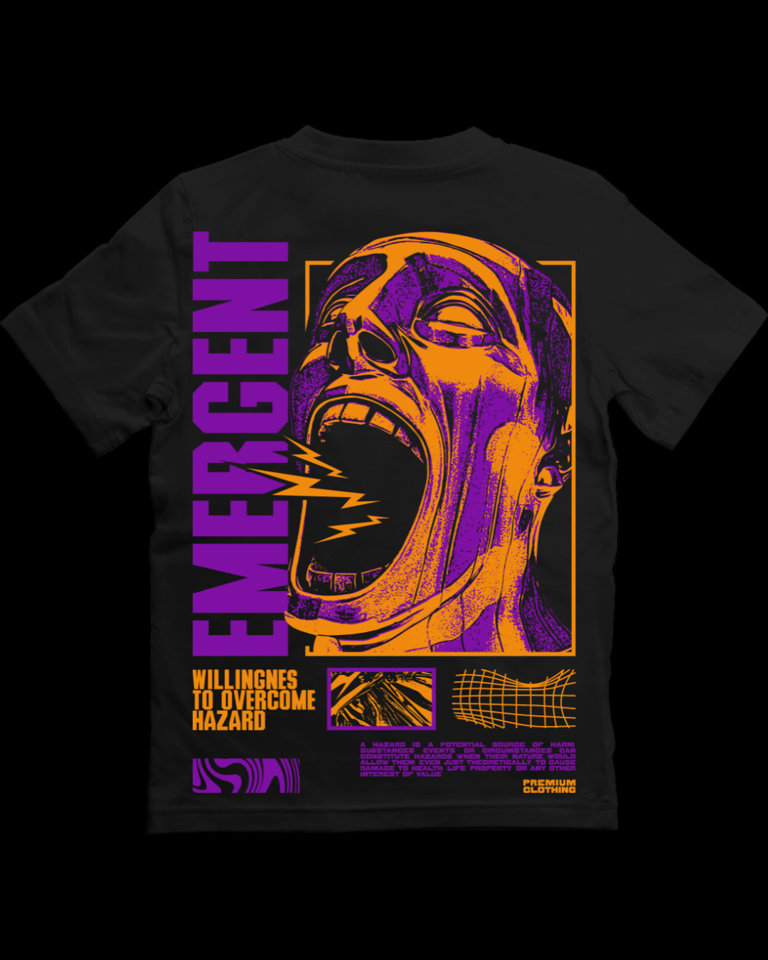 Black t-shirt with a graphic design featuring a face and the word 'EMERGENT' in purple on a white background.