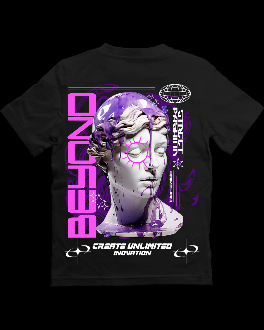 Black t-shirt with a graphic design featuring a statue and 'BEYOND' text on a white background