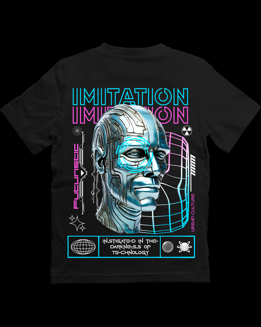 Black t-shirt with a robot graphic and text on a white background