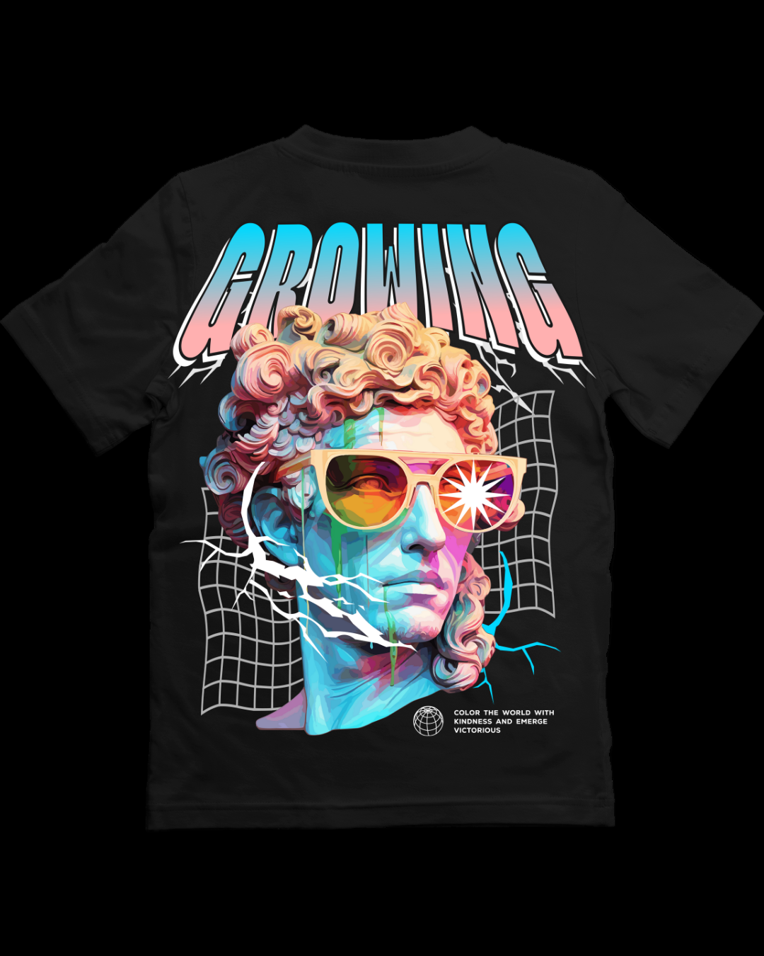Black t-shirt with colorful graphic design and 'GROWING' text on a white background