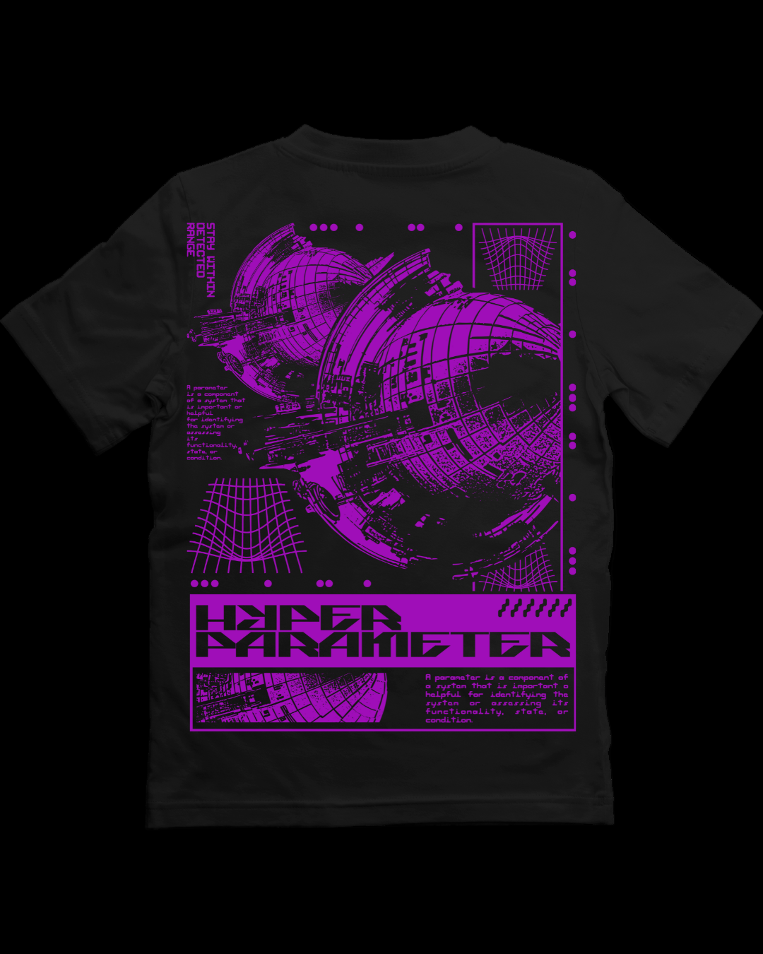 Black t-shirt with purple space-themed design on a white background