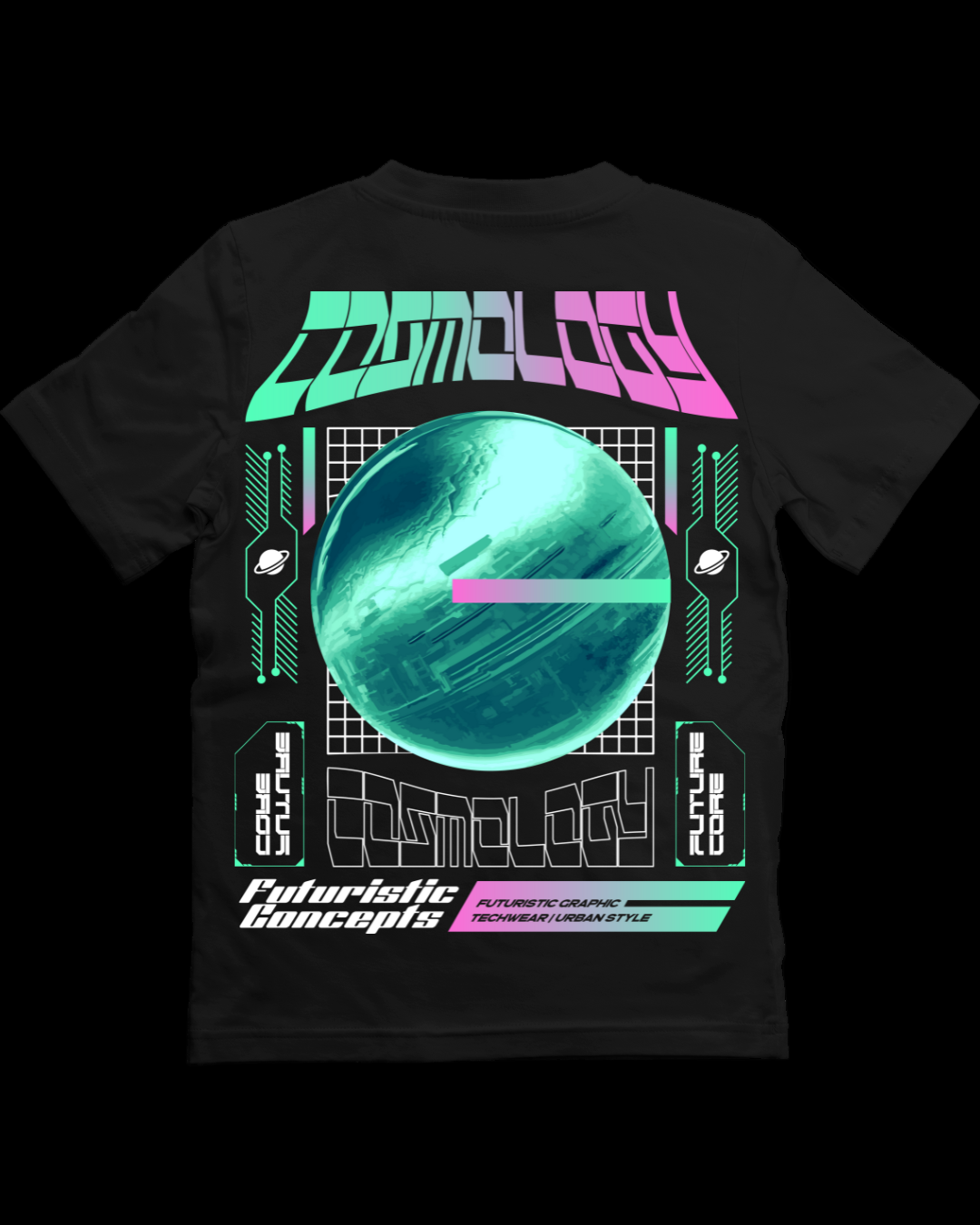 Black t-shirt with futuristic design on a white background