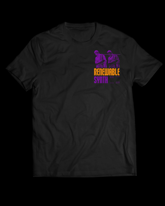 Black t-shirt with a graphic design and text on a white background