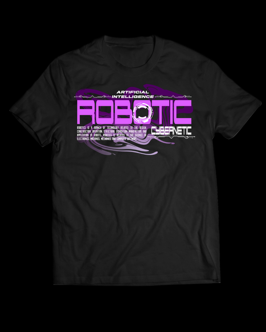 Black t-shirt with purple and white text design on a white background