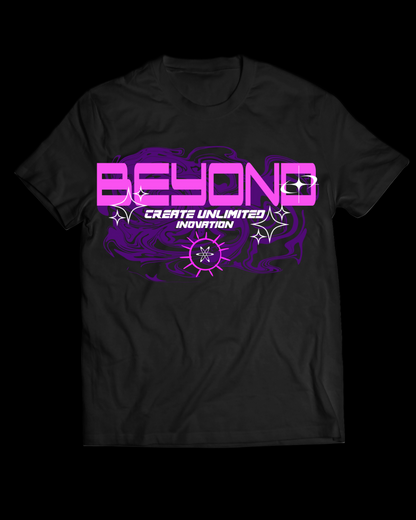 Black t-shirt with purple and white 'BEYOND' graphic design on a white background