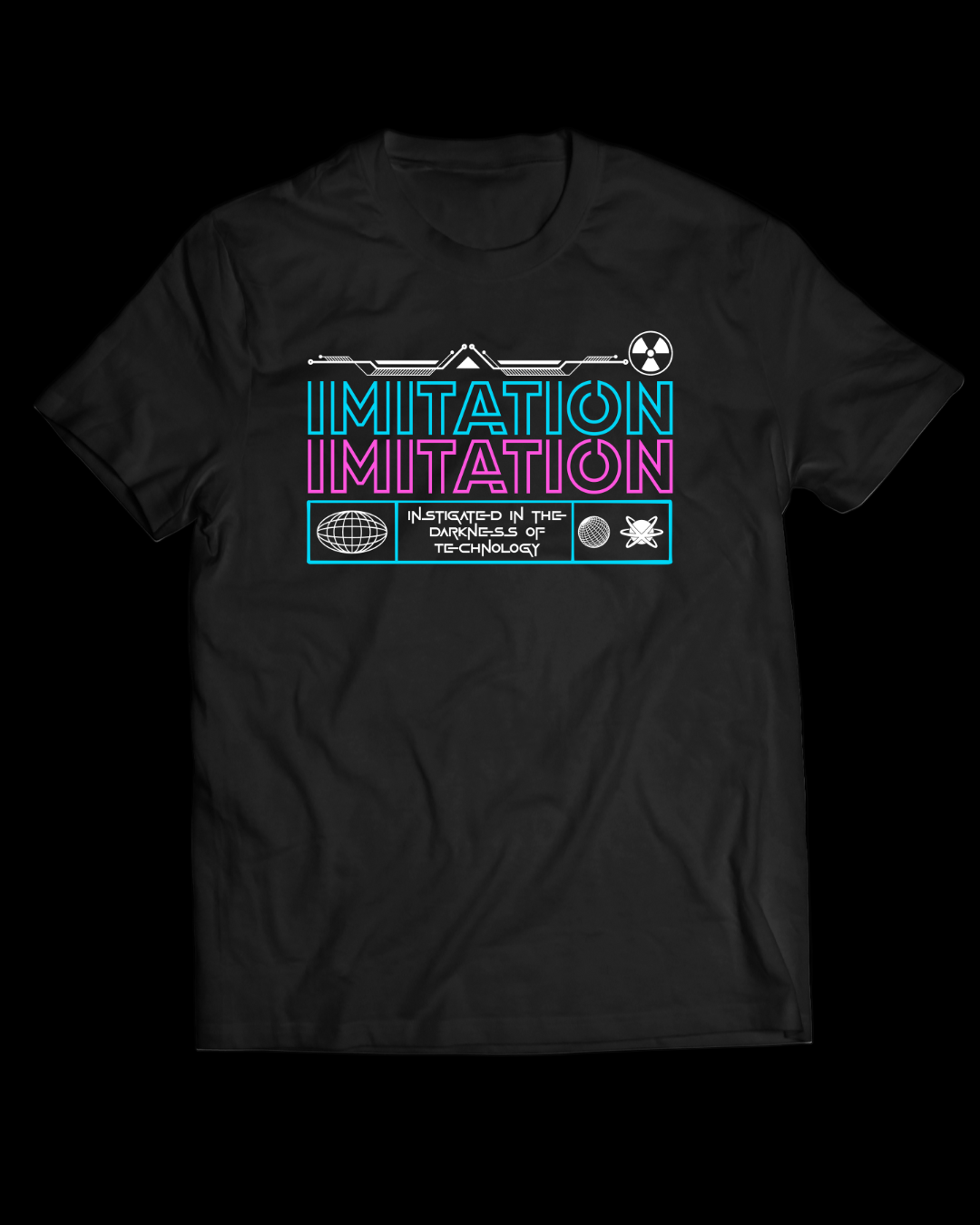 Black t-shirt with colorful graphic design on a white background