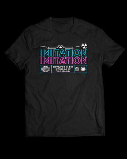 Black t-shirt with colorful graphic design on a white background