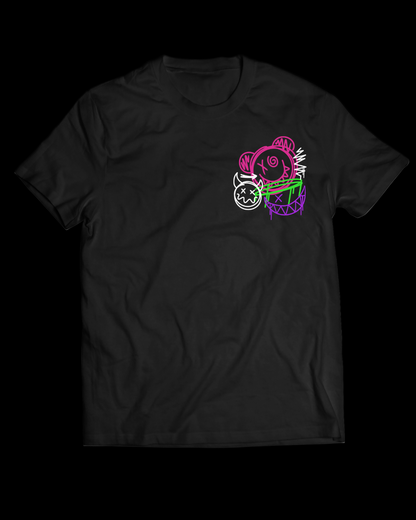 Black t-shirt with a colorful graphic design on a white background