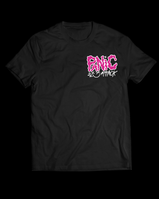 Black t-shirt with pink and white graphic design on a white background