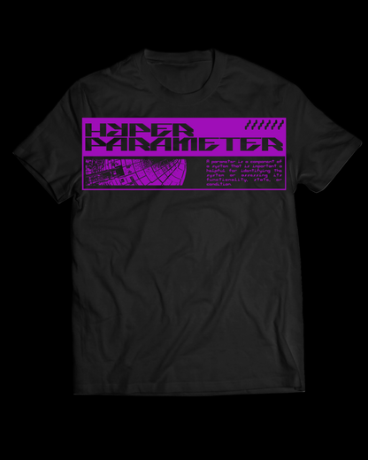 Black t-shirt with purple graphic and text on a white background