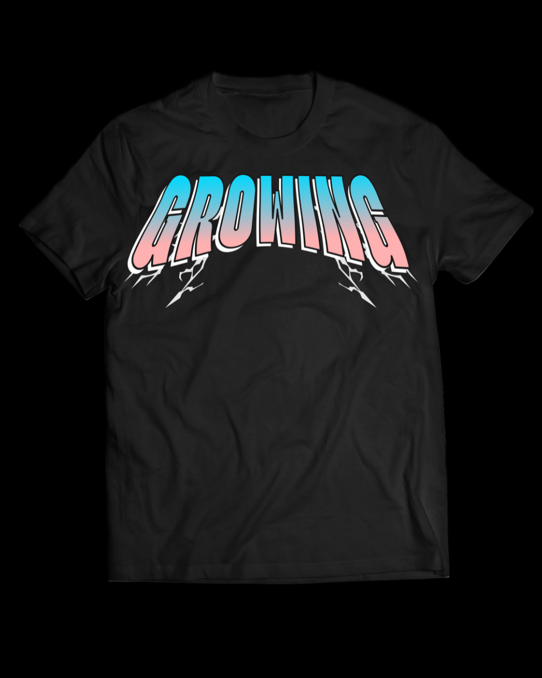 Black t-shirt with 'GROWING' text in colorful letters on a white background