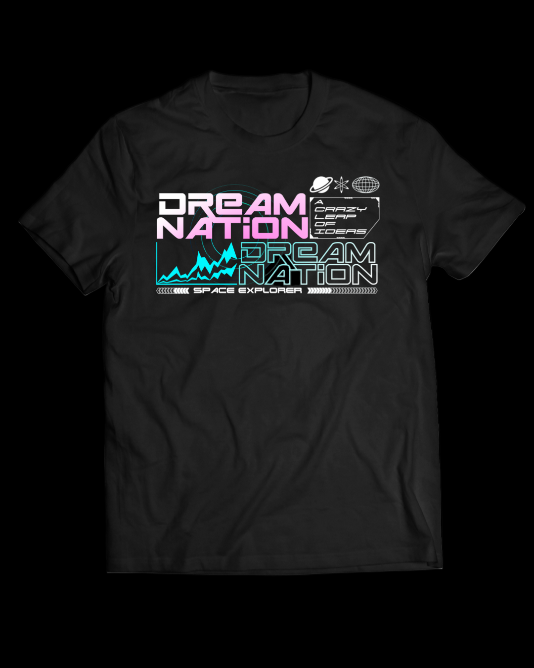 Black t-shirt with 'Dream Nation' graphic design on a white background
