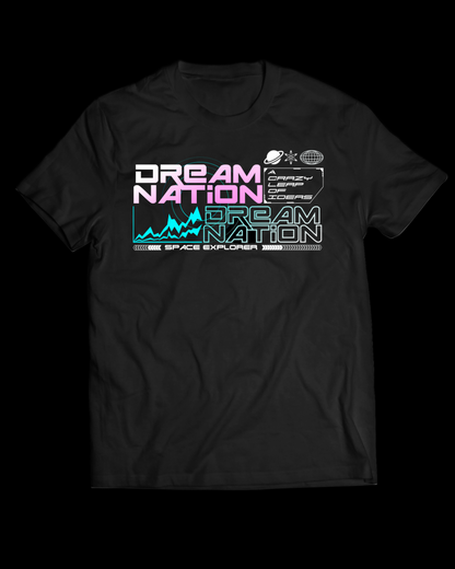 Black t-shirt with 'Dream Nation' graphic design on a white background