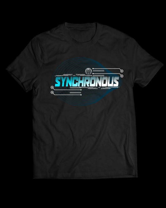 Black t-shirt with 'SYNCHRONOUS' graphic design on a white background