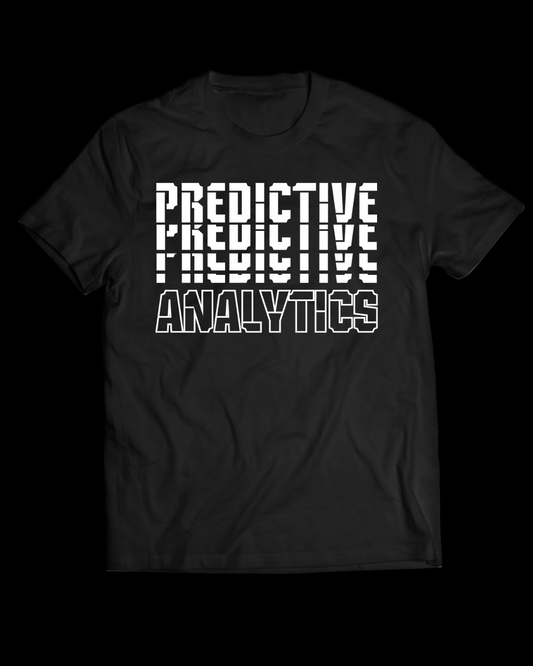 Black t-shirt with 'PREDICTIVE PREDICTIVE ANALYTICS' text in white on a black background
