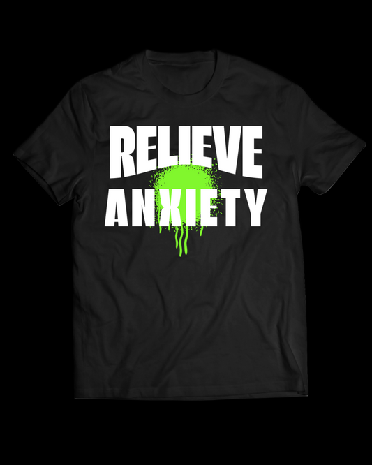 Black t-shirt with 'Relieve Anxiety' text and green splatter design on a white background
