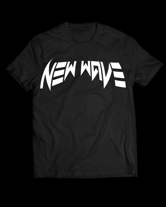 Black t-shirt with 'NEW WAVE' text in white on a black background