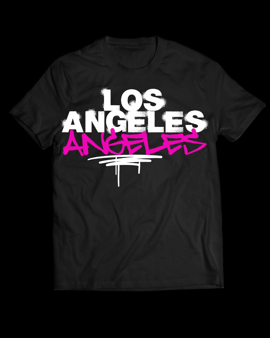 Black t-shirt with 'Los Angeles' text in white and pink on a white background