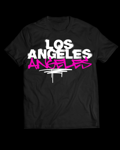 Black t-shirt with 'Los Angeles' text in white and pink on a white background
