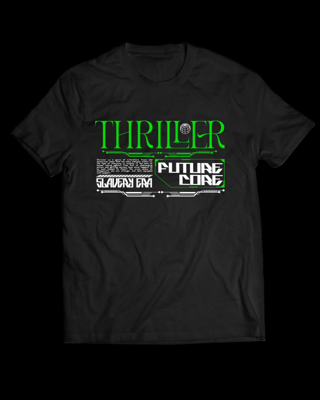 Black t-shirt with green and white text on a white background