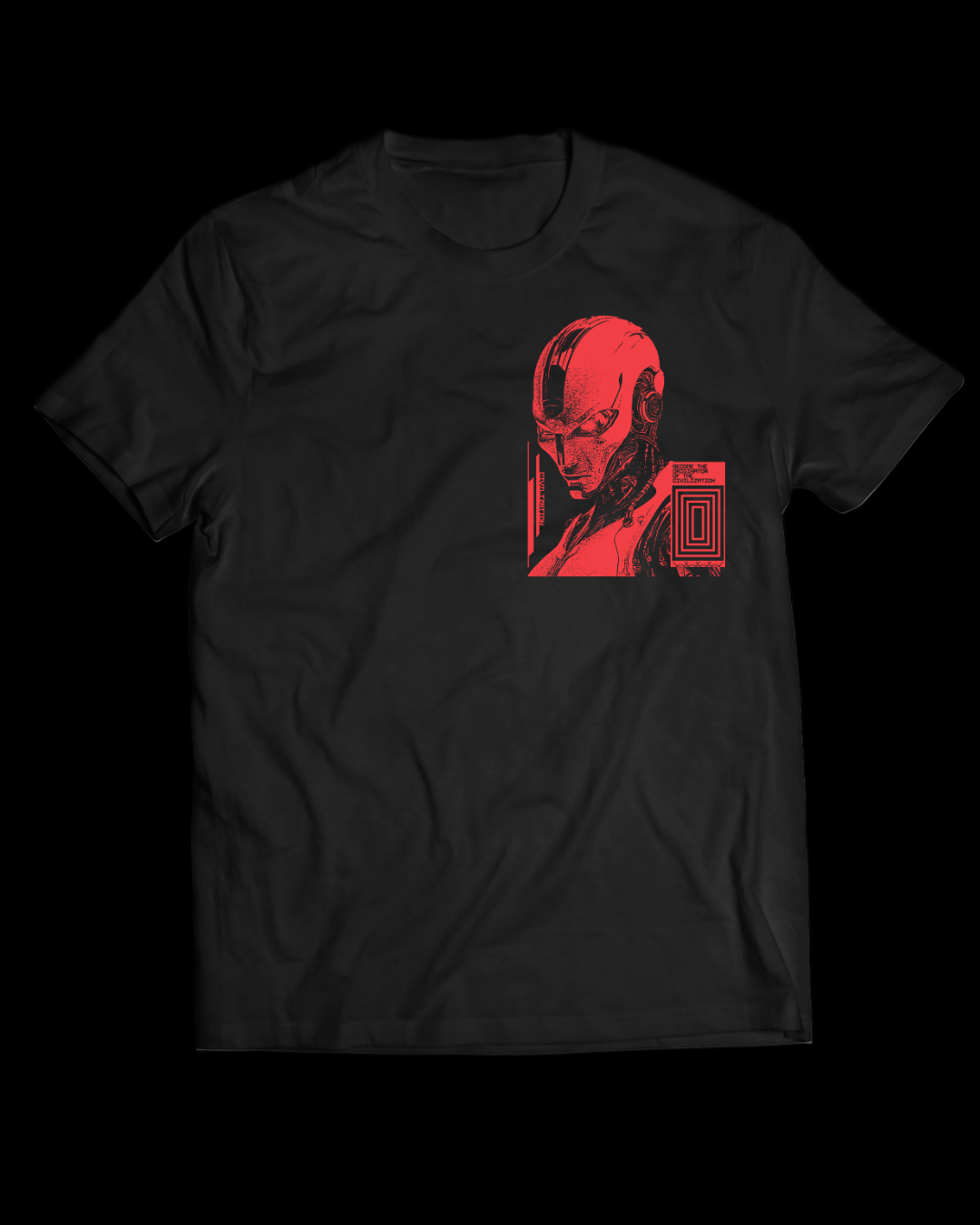 Black t-shirt with red graphic design on a white background