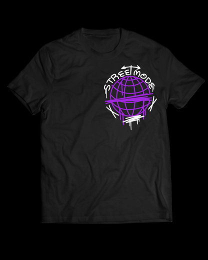 Black t-shirt with a purple and white graphic design on a white background