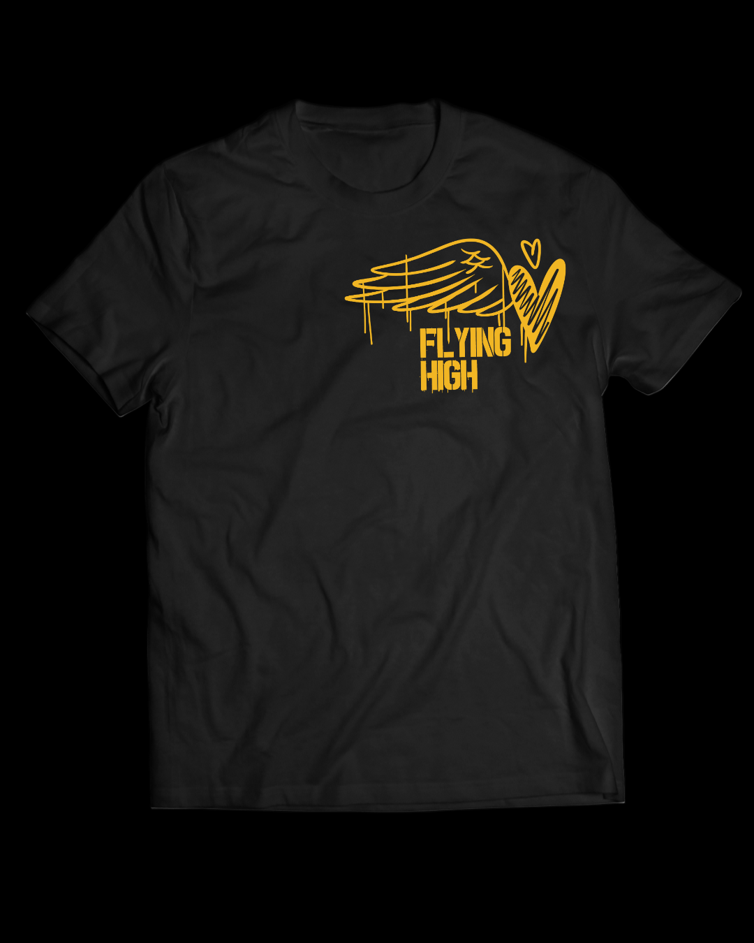 Black t-shirt with yellow graphic and 'Flying High' text on a white background