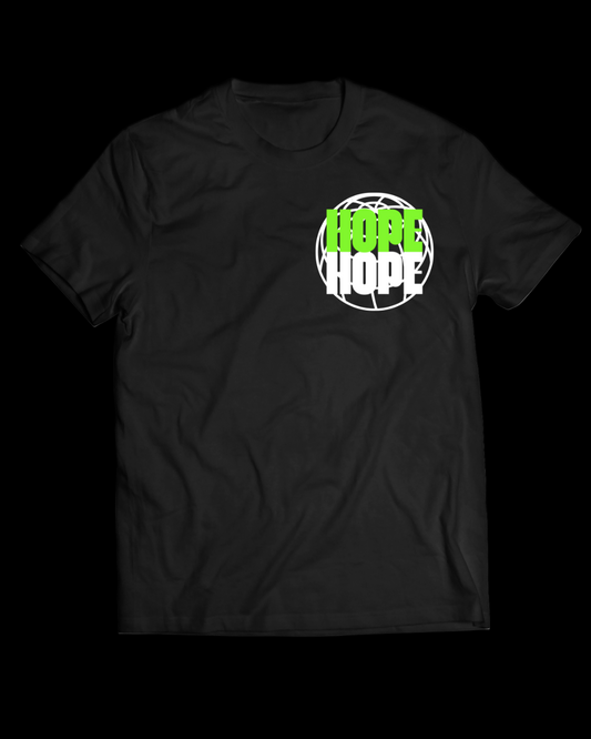Black t-shirt with 'HOPE' graphic design on a white background