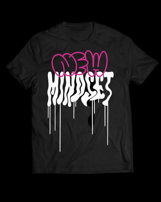 Black t-shirt with pink and white graphic design on a white background