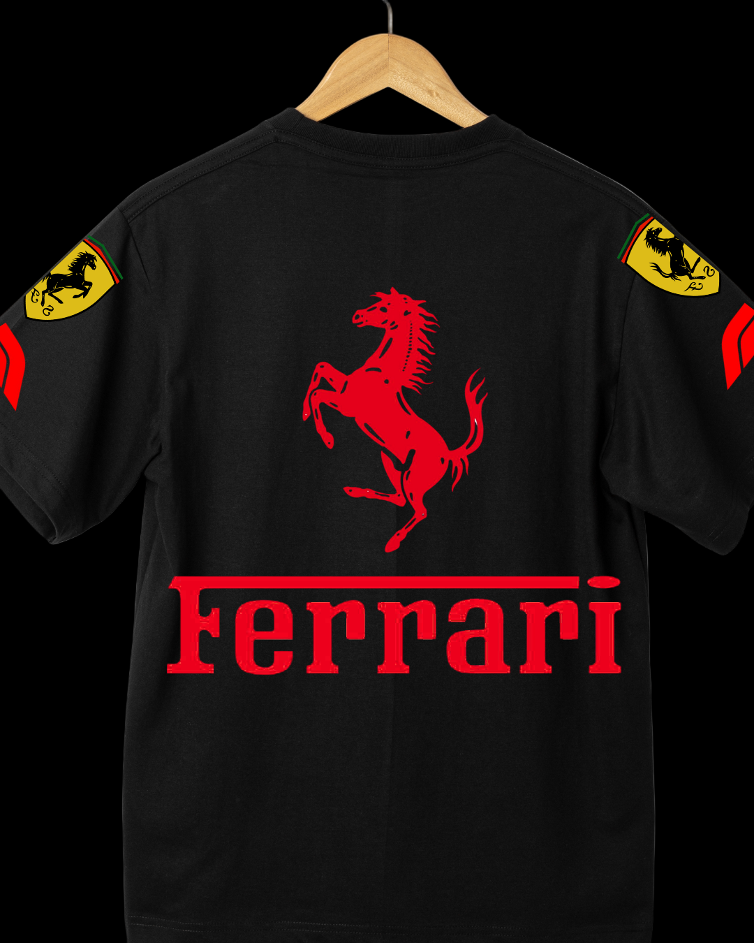 Black t-shirt with Ferrari logo and branding on a hanger against a white background