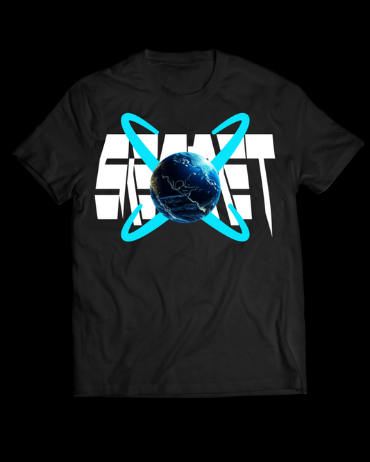 Black t-shirt with a graphic design of a planet and 'Secret' text on a white background