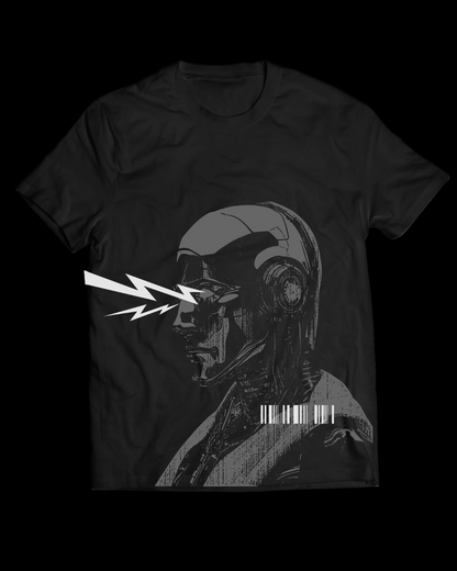 Black t-shirt with a graphic design of a robot and lightning bolt on a white background