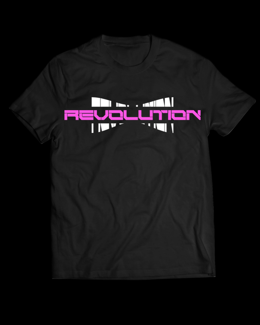 Black t-shirt with pink and white 'REVOLUTION' graphic on a white background