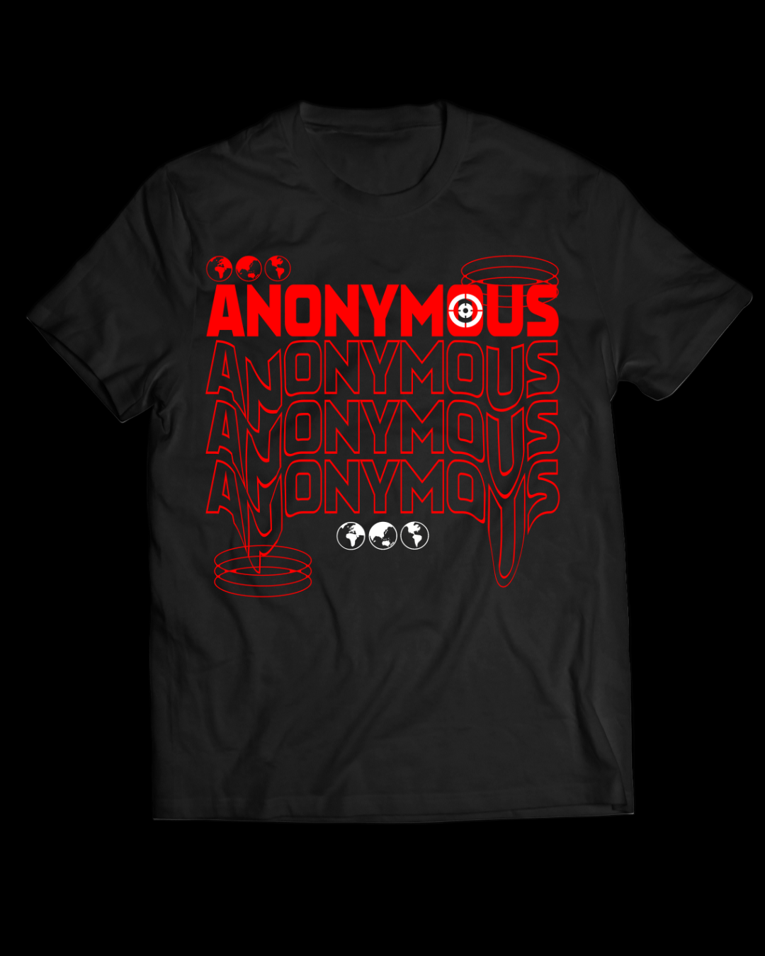 Black t-shirt with red 'ANONYMOUS' graphic design on a white background
