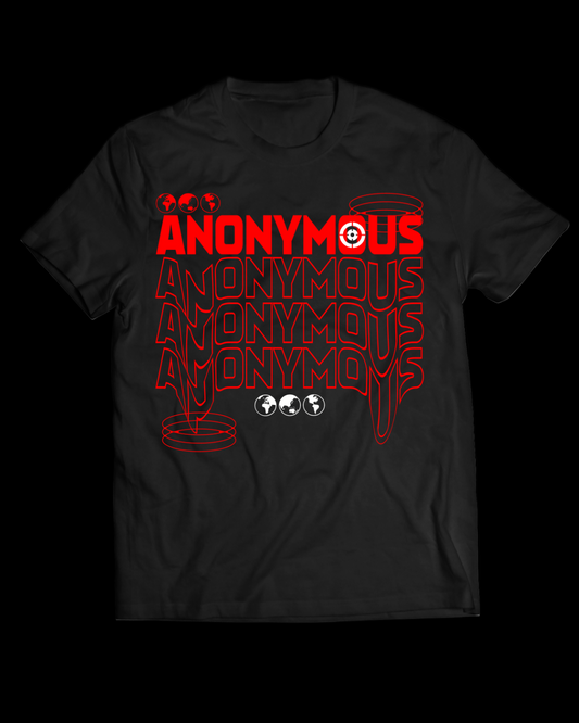 Black t-shirt with red 'ANONYMOUS' graphic design on a white background