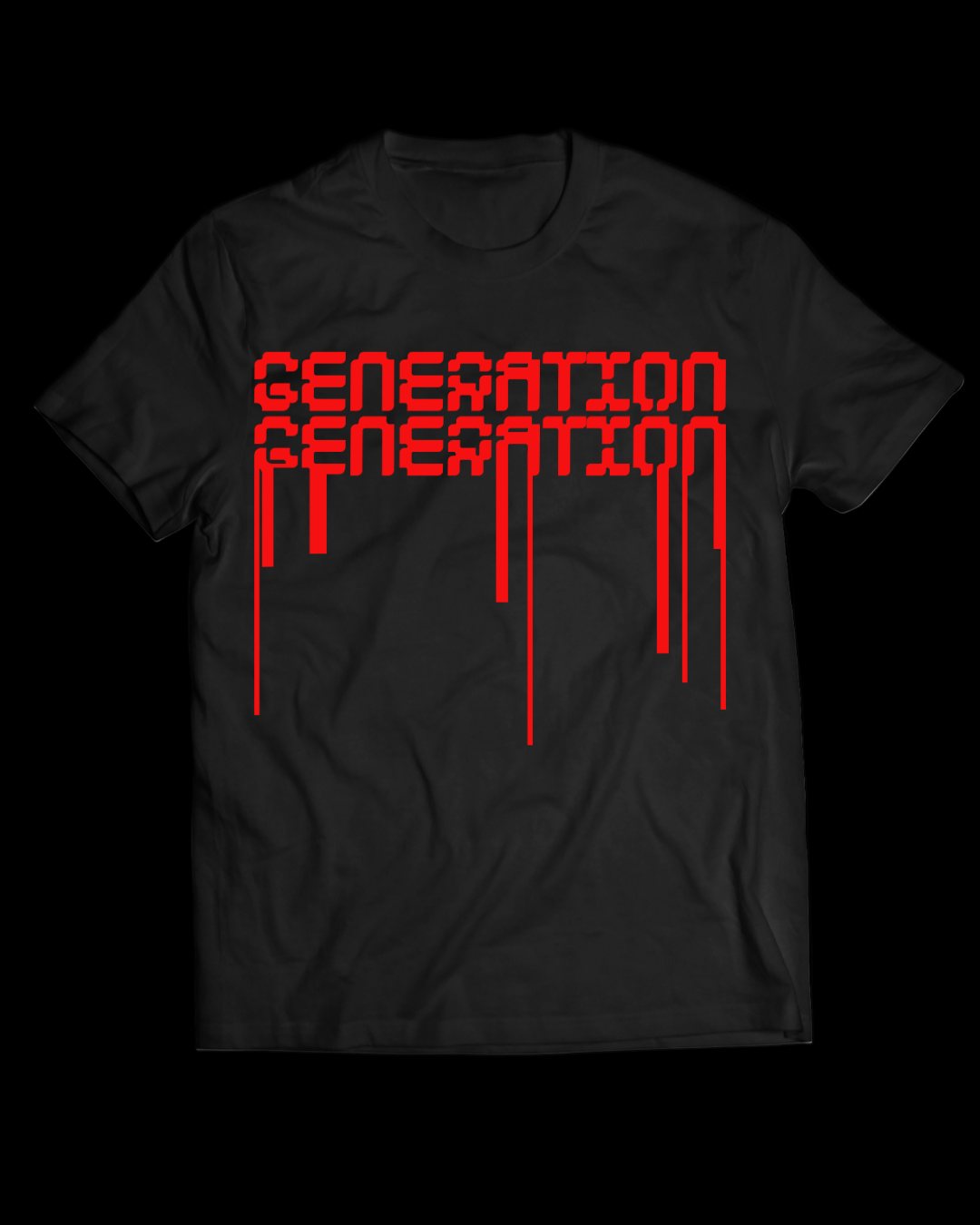 Black t-shirt with red 'Generation' text design on a white background