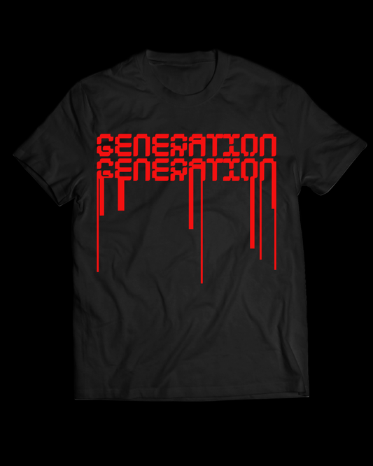 Black t-shirt with red 'Generation' text design on a white background