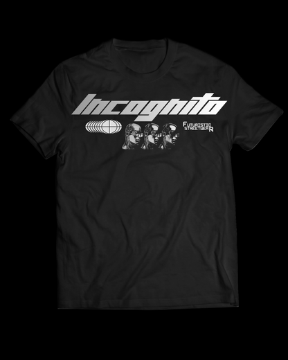 Black t-shirt with white graphic design and text on a white background