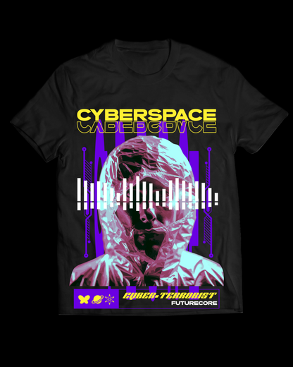 Black t-shirt with a graphic design featuring a person in a hood and text 'Cyberspace' on a white background.