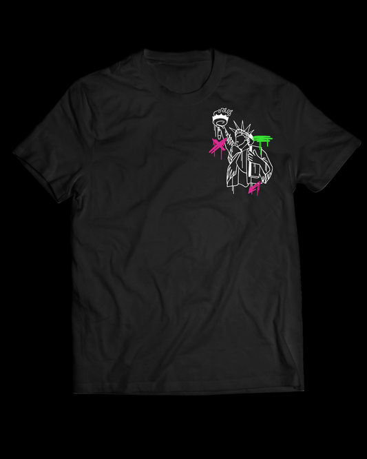 Black t-shirt with a graphic design on a white background