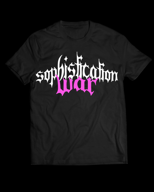 Black t-shirt with 'sophistication war' text in white and pink on a white background