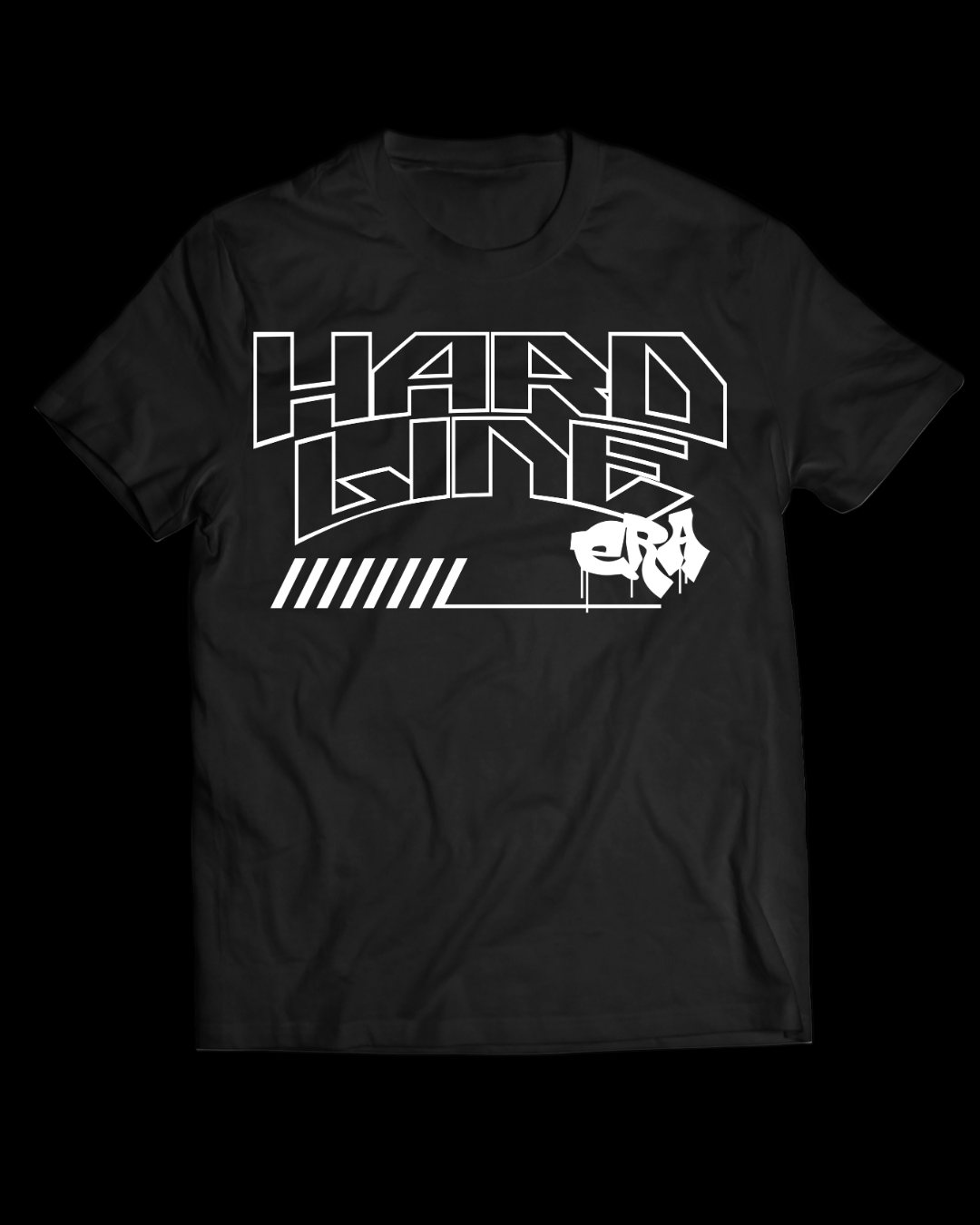 Black t-shirt with 'Hardline' graphic design on a white background