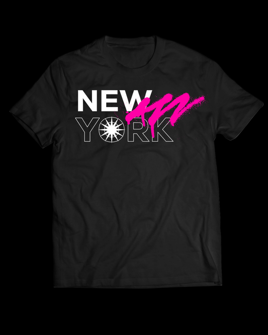 Black t-shirt with 'New York' text design on a white background