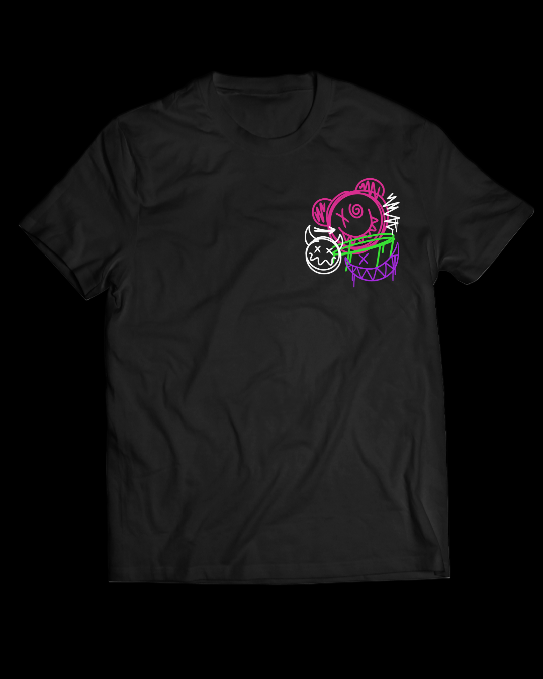 Black t-shirt with a colorful graphic design on a white background