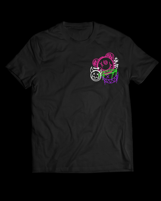 Black t-shirt with a colorful graphic design on a white background