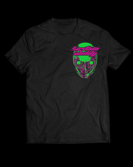 Black t-shirt with a colorful graphic design on a white background