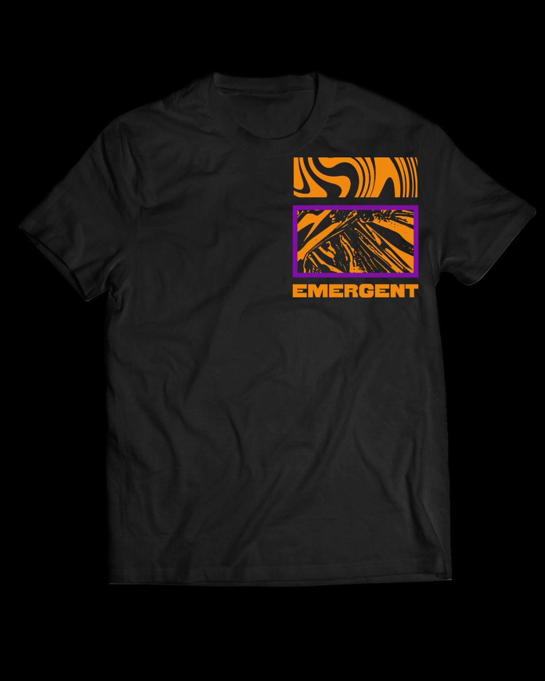 Black t-shirt with orange and purple graphic design on a white background
