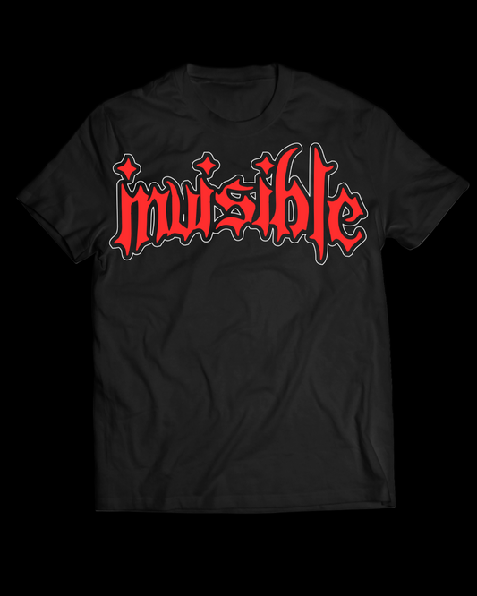 Black t-shirt with red and white text on a white background