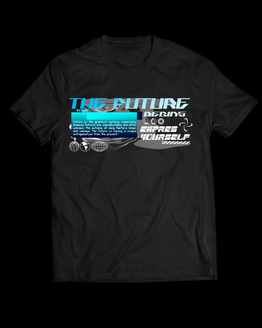 Black t-shirt with a graphic design on a white background