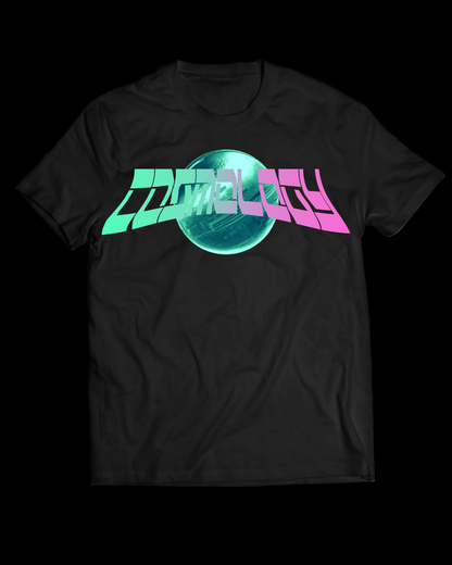 Black t-shirt with a colorful logo on a white background